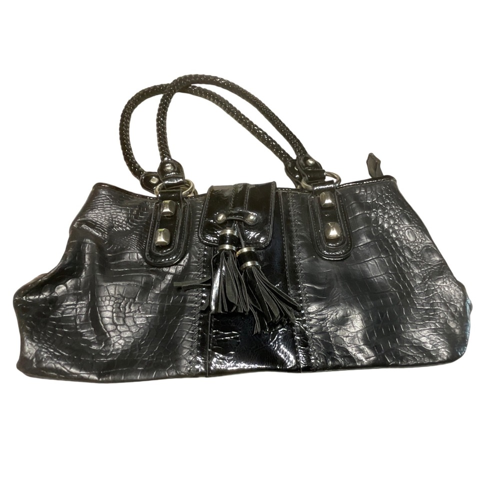 MC Shoulder Bag Womens Large Croc Embossed Leather Black Tassel Studded Y2K Goth